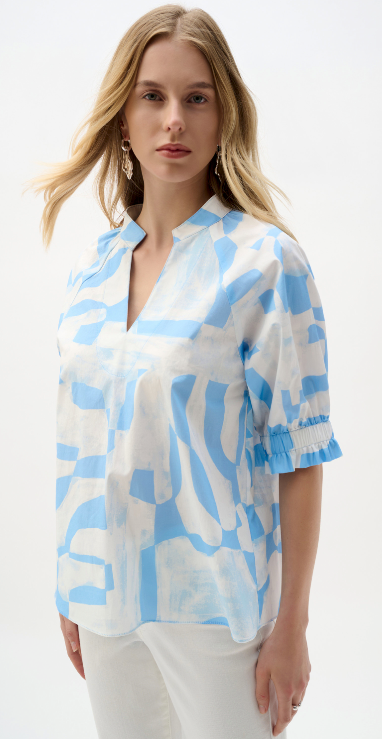 Joseph Ribkoff #262199-1233 Stretch Cotton Geometric Print Straight Top With Puff Sleeves