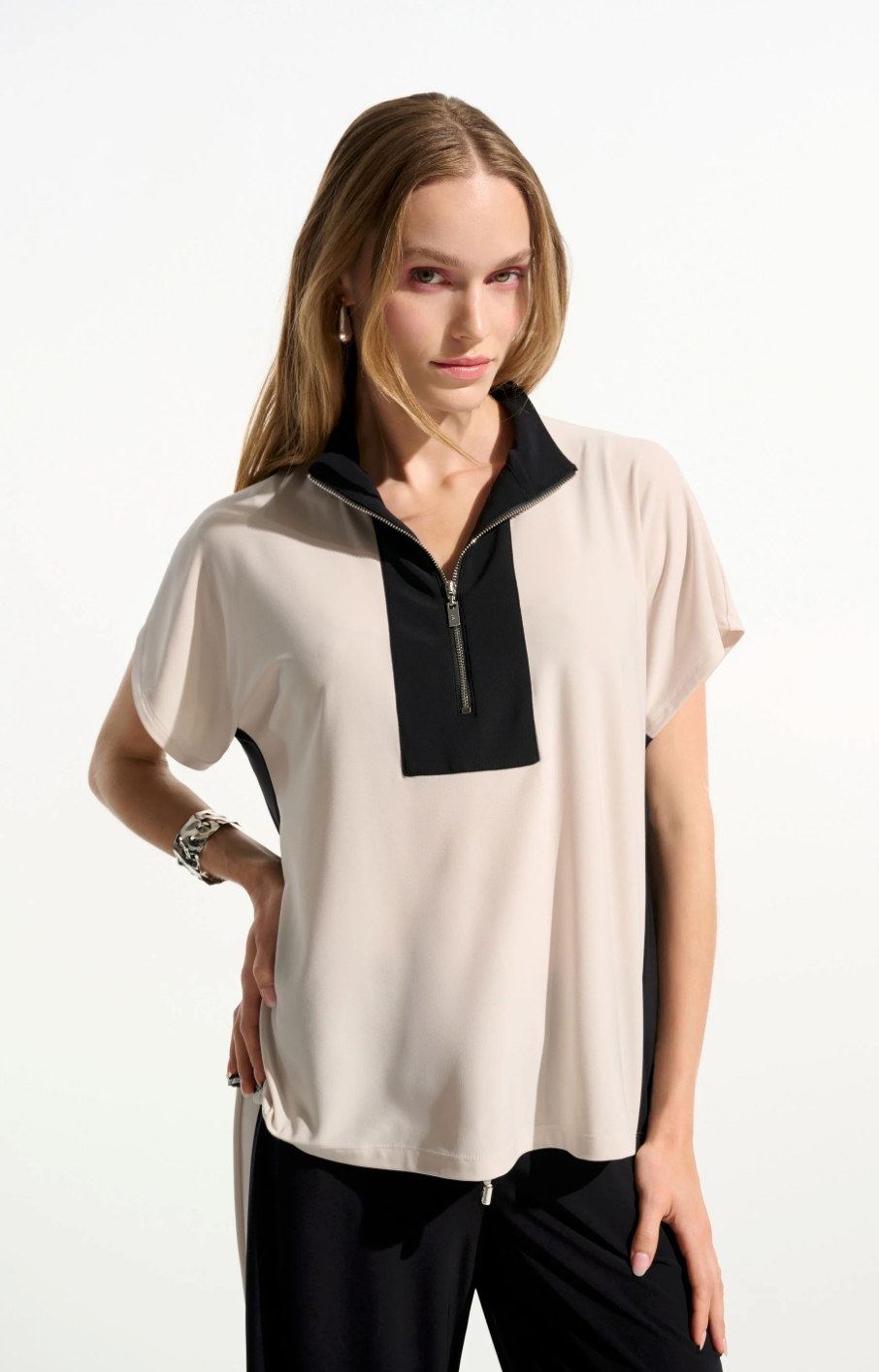 Silky Knit Color Block Straight Top With Zipped Collar #261611 Top