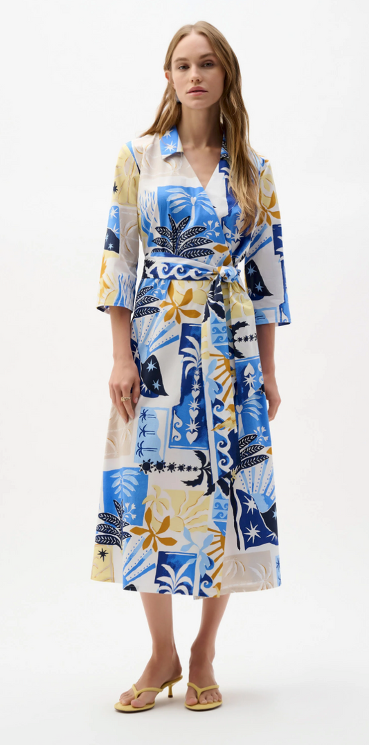 Joseph Ribkoff #26225 Stretch Cotton Tropical Print A-Line Wrap Dress