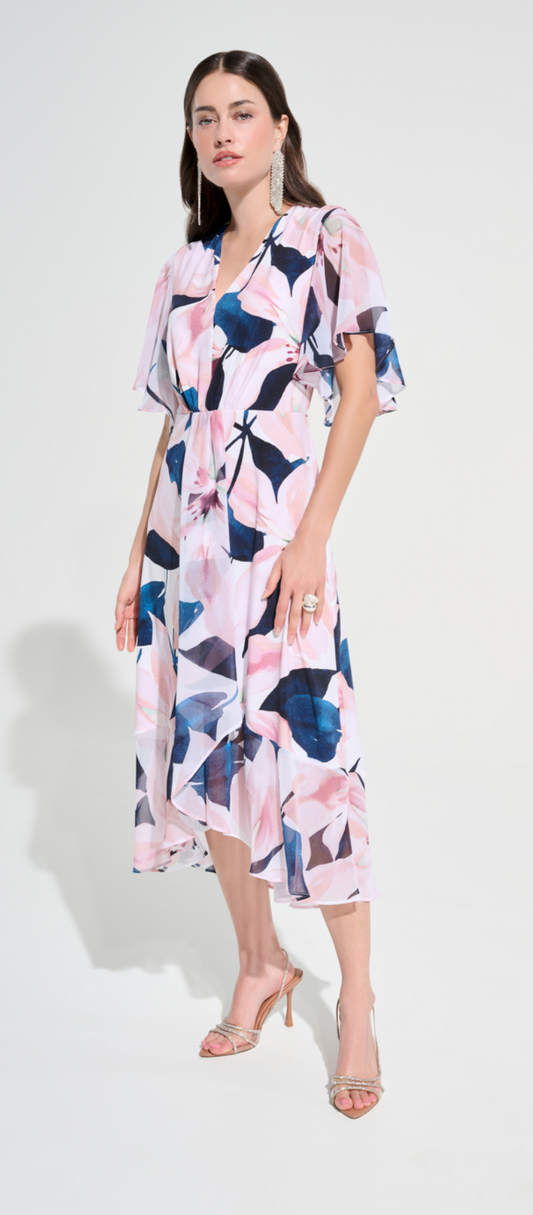Joseph Ribkoff #262713-2539 Signature | Silky Knit And Chiffon Floral Print Fit And Flare Dress